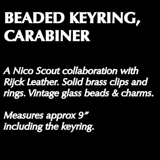 Text description of a beaded keyring and carabiner with details about the brand collaboration and product features.