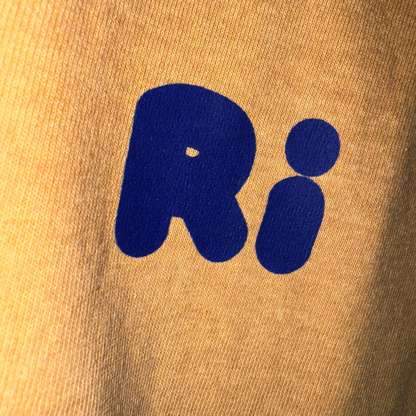 Blue logo on a beige fabric background