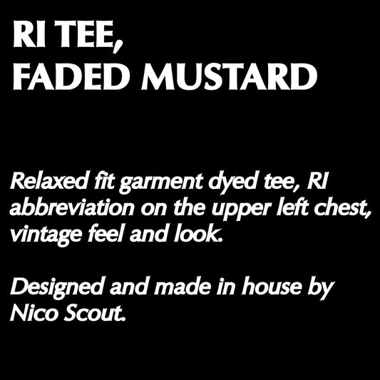 Text description of a relaxed fit garment dyed tee with RI abbreviation on the upper left chest, vintage feel, and made by Nico Scout.