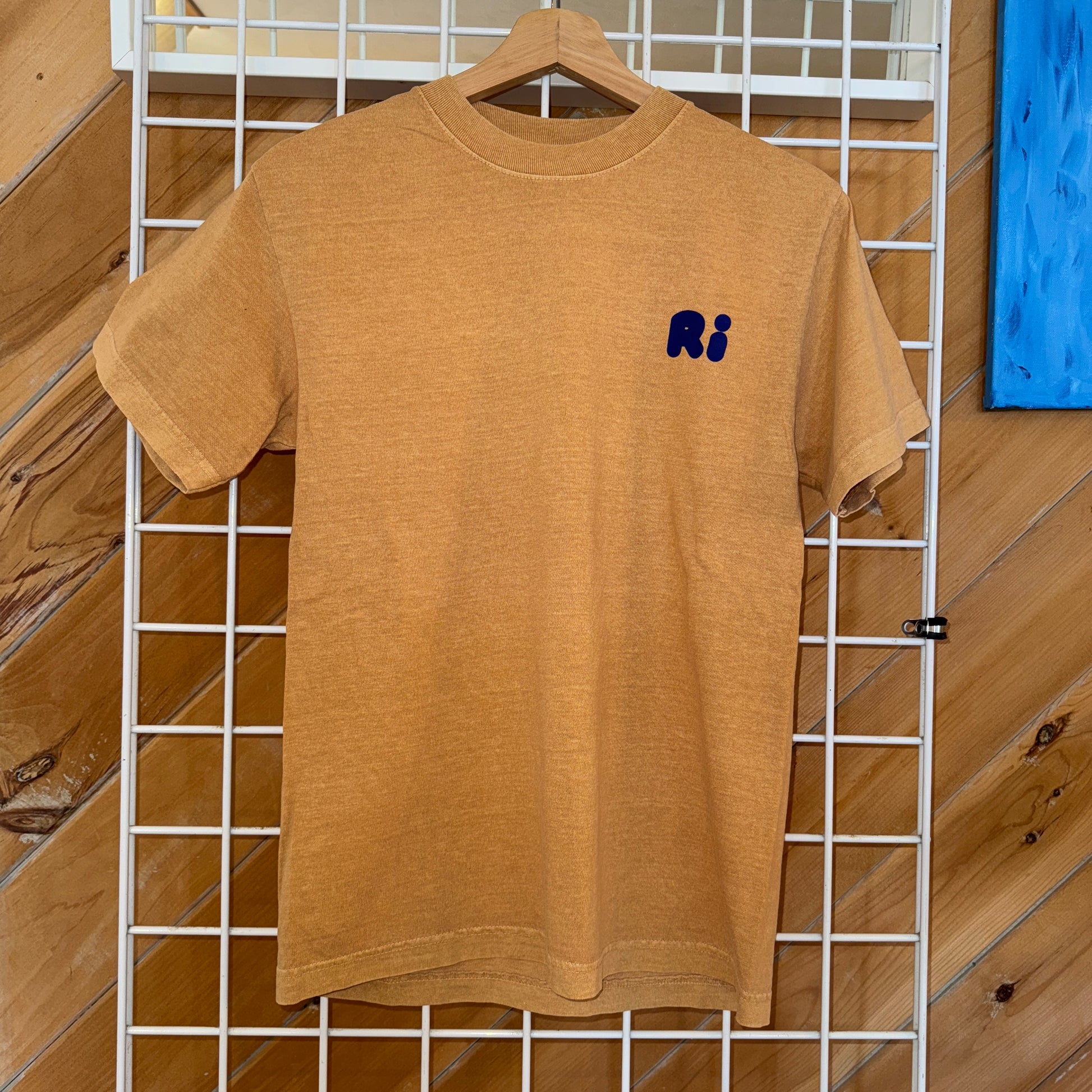 Brown t-shirt with a logo on a hanger against a wooden wall.