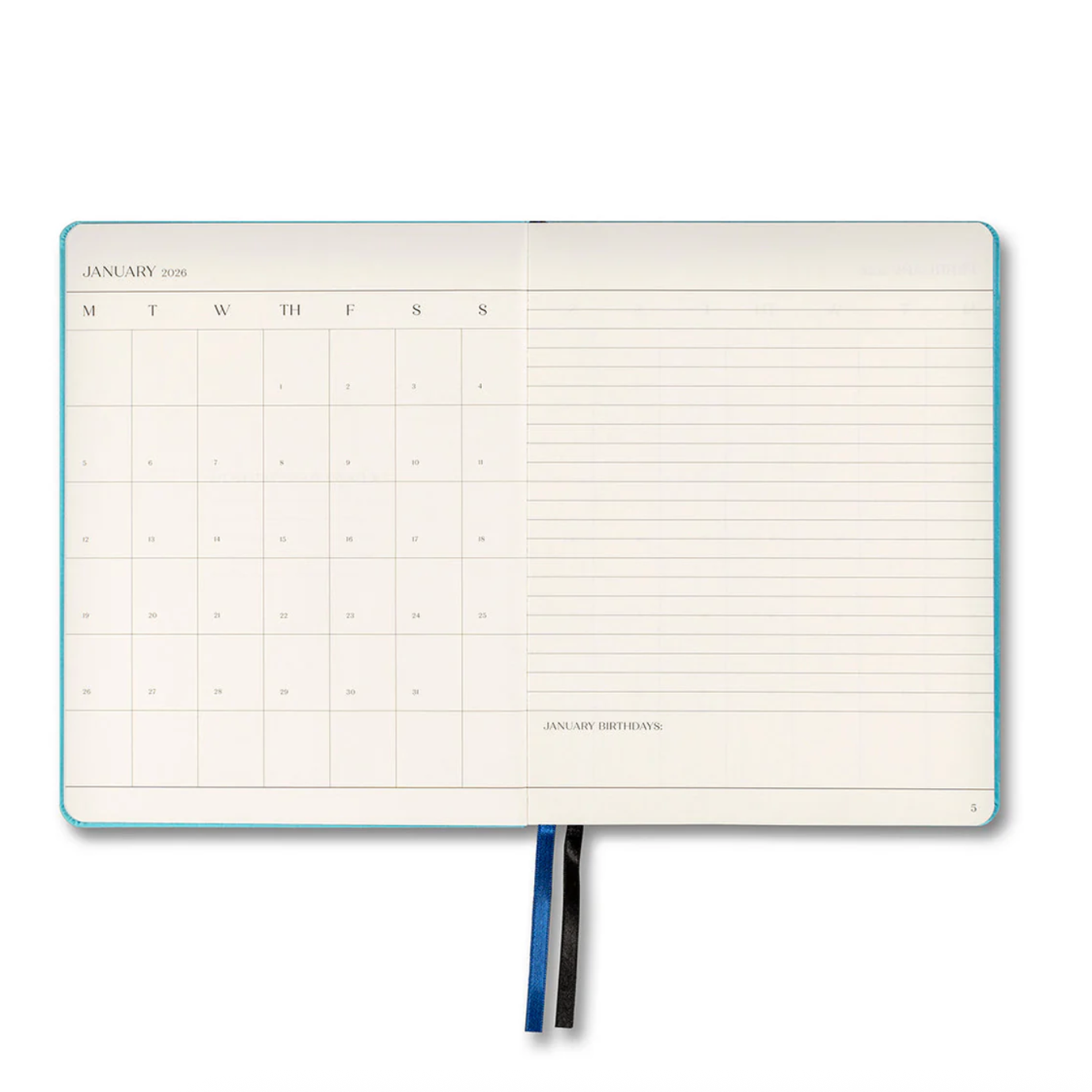 Calendar page of a planner with a blue spine on a white background