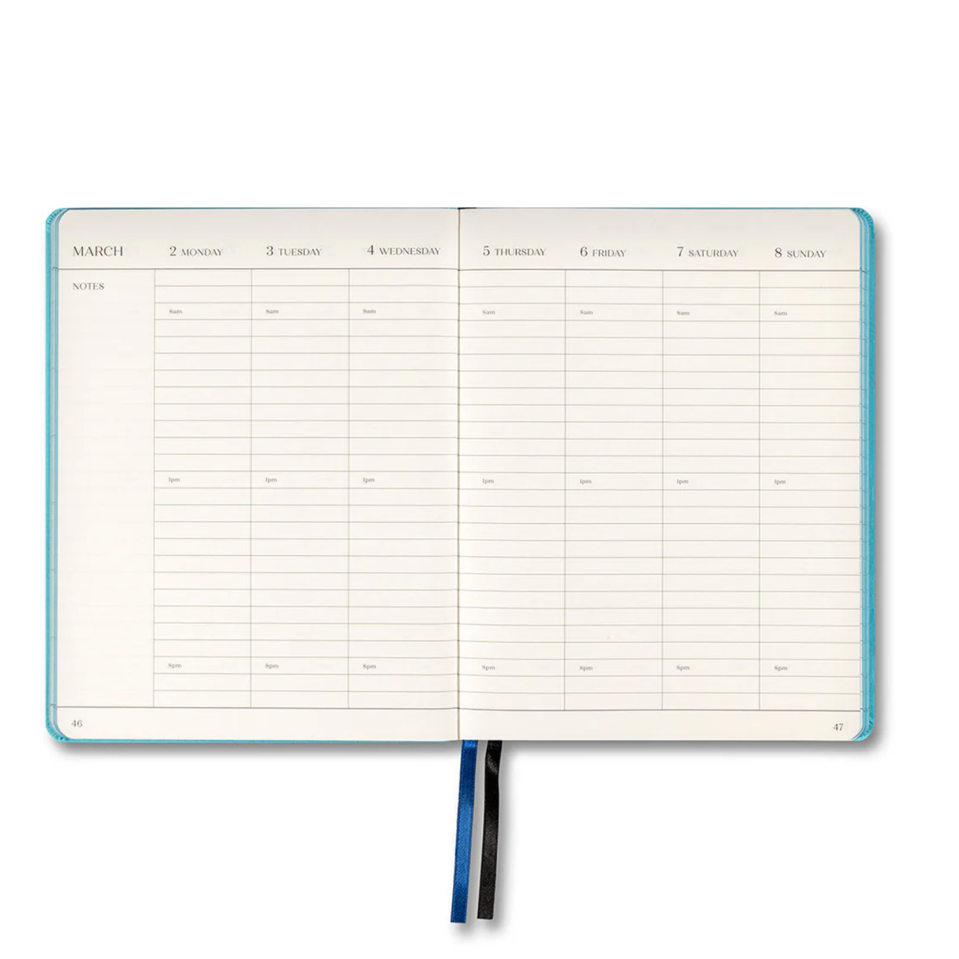 Weekly planner with blue binding on a white background