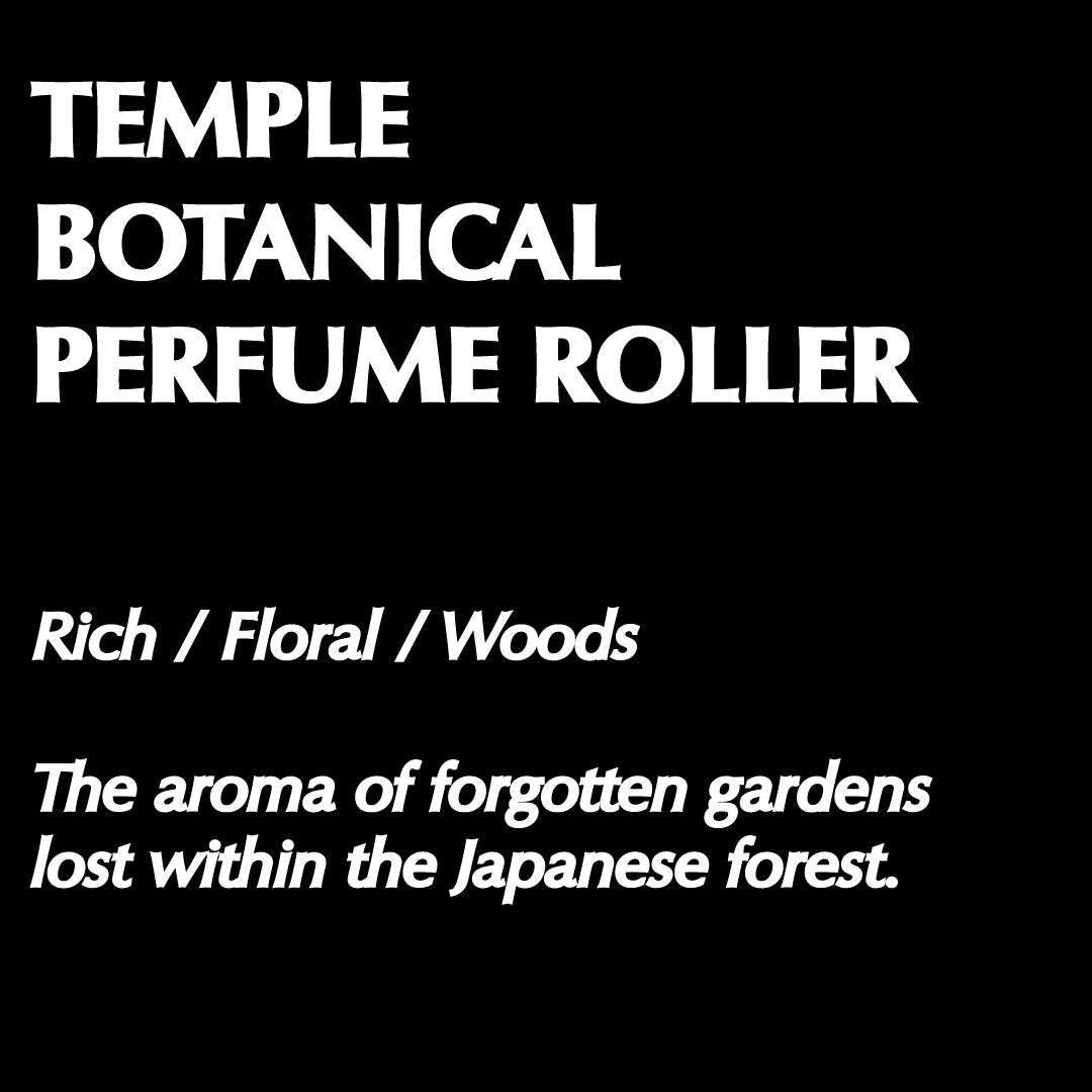 Advertisement for Temple Botanical Perfume Roller with text on a black background